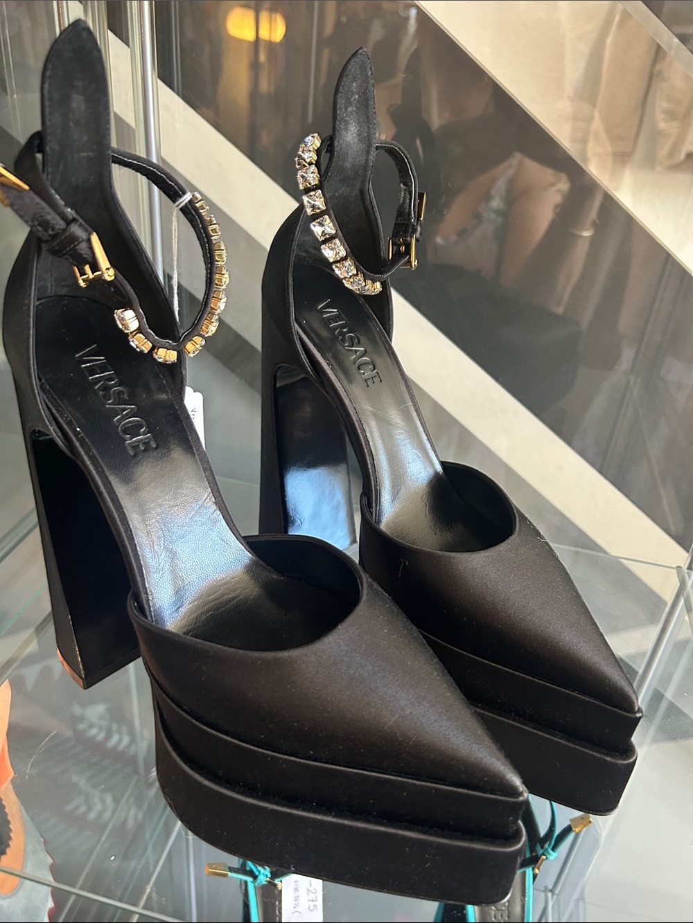 Versace Black Satin Crystal-Ankle Platform Pumps - Picture 7 of 7